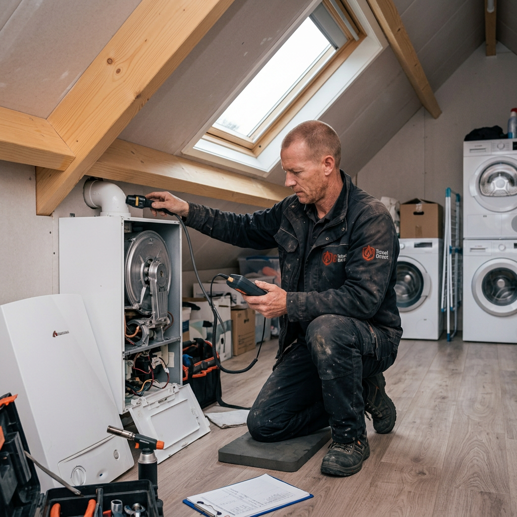 Monteur voert met meetapparatuur de veiligheidscontrole van een open CV-ketel uit